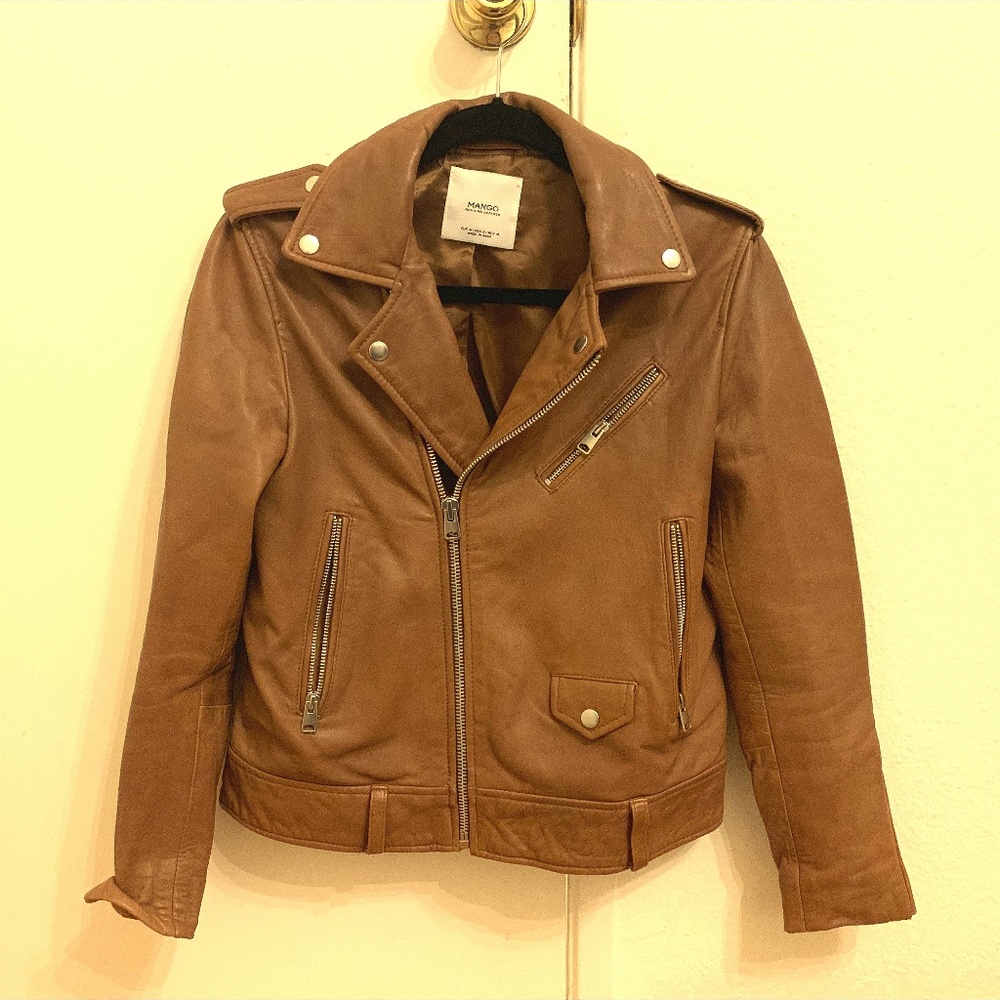 Mango congac leather moto jacket